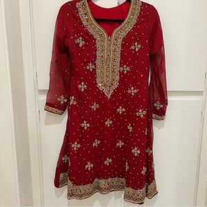 Red & Gold Pakistani Outfit 3 Piece - shirt (peplum), pants, scarf